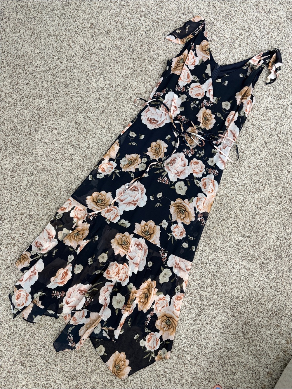 White House Black Market Navy Floral Midi Dress with Blush & Tan Roses